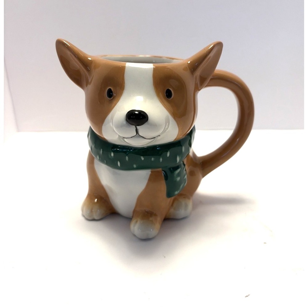 Wondershop Porcelain Corgi Dog W/Green Scarf‎ Coffee Tea Cocoa Mug Winter